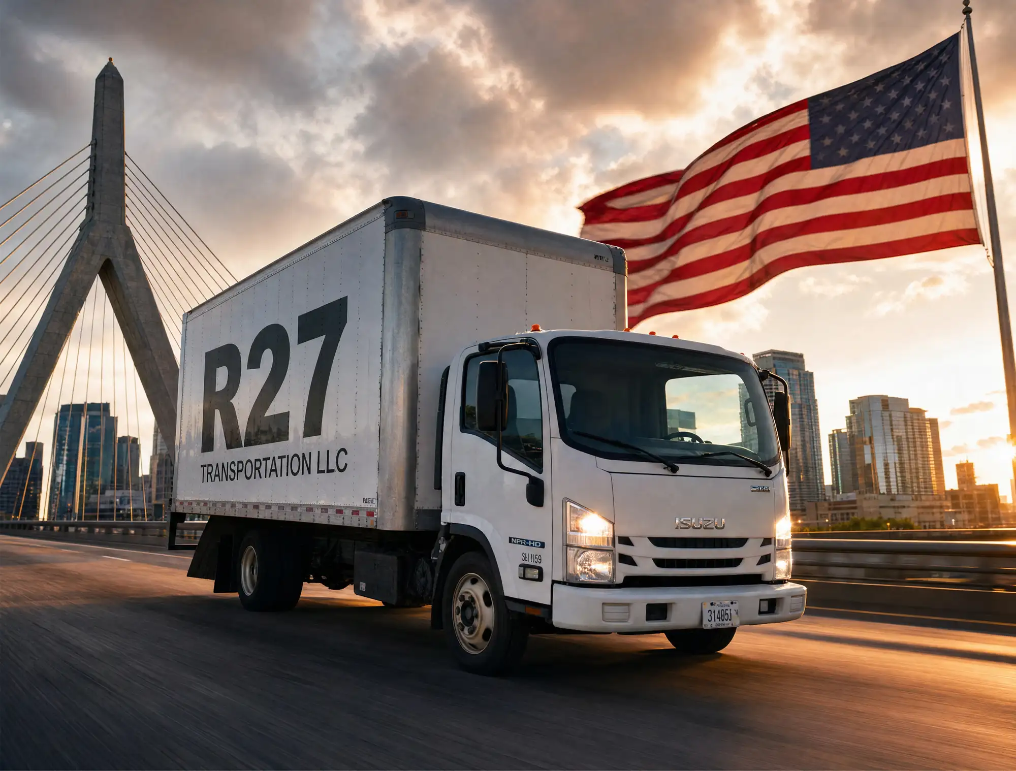 An R27 Transportation box truck crossing Boston's Zakim Bridge at sunset, an American flag flying beside it and the city skyline behind.