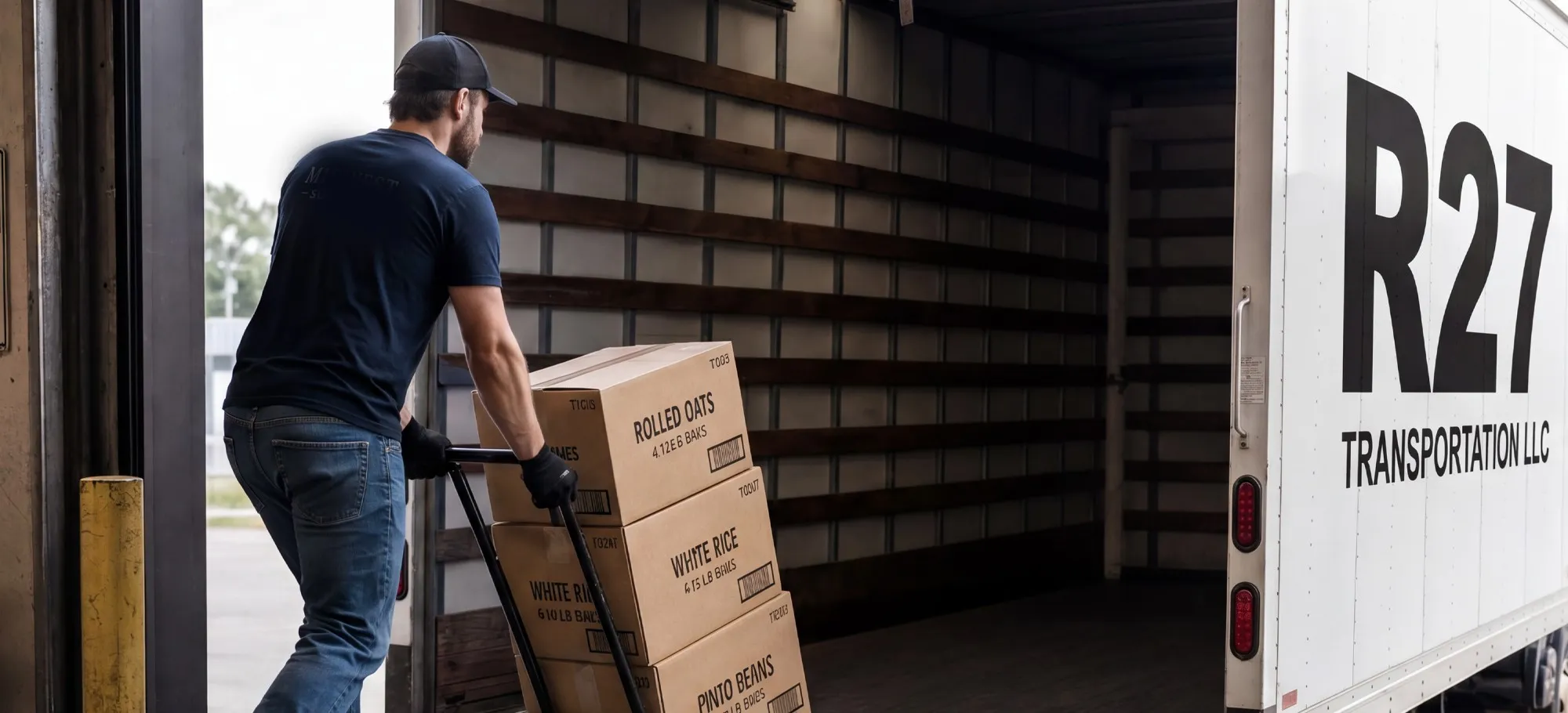 An R27 Transportation driver loading boxes of dry goods on a hand truck into the back of an R27 box truck.
